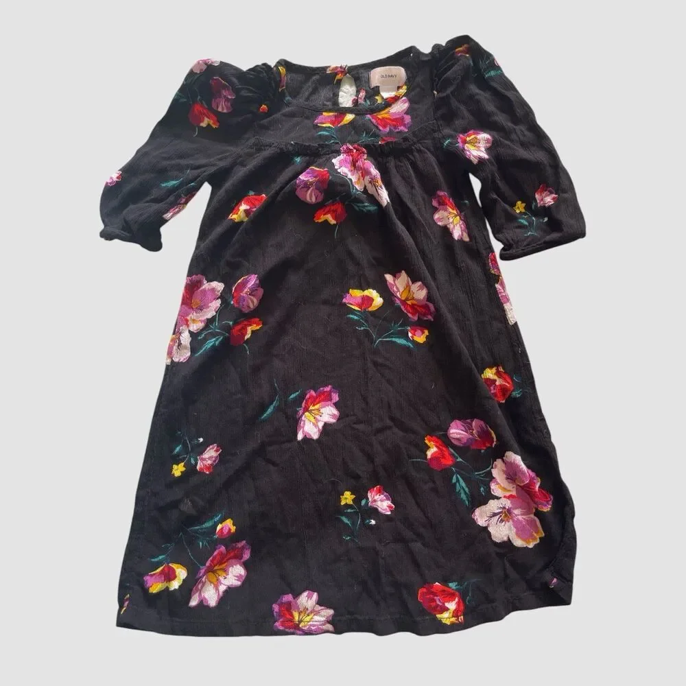 Old Navy Kids Girls Size Small 5/6 Black Floral Fit & Flare 3/4 Sleeve Dress